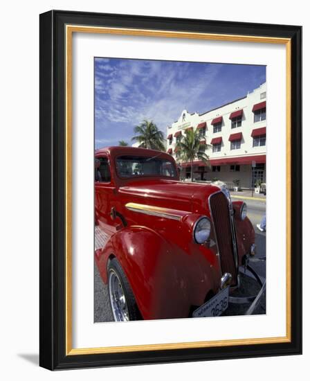 Ocean Drive with Classic Hot Rod, South Beach, Miami, Florida, USA-Robin Hill-Framed Photographic Print