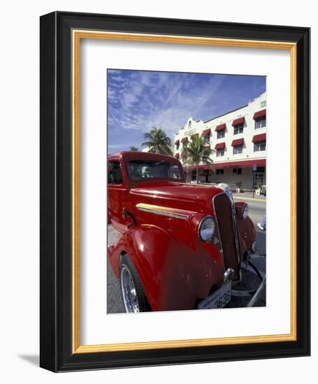 Ocean Drive with Classic Hot Rod, South Beach, Miami, Florida, USA-Robin Hill-Framed Photographic Print