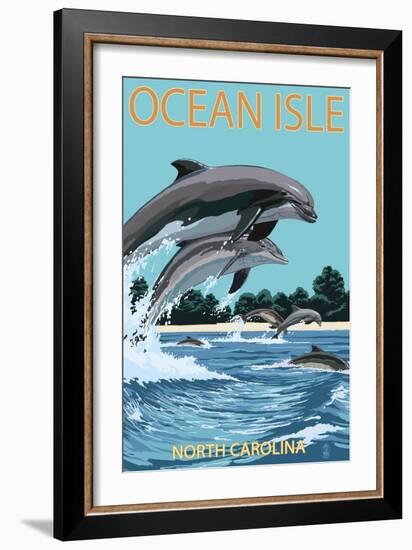 Ocean Isle - Calabash, North Carolina - Dolphins Jumping-Lantern Press-Framed Art Print