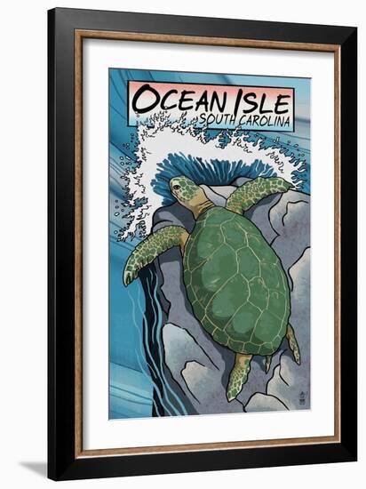 Ocean Isle, South Carolina - Sea Turtles Woodblock Print-Lantern Press-Framed Art Print