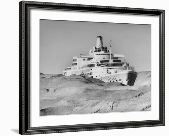 Ocean Liner "Oriana" Passing Through Desert Dunes Going Through Suez Canal-John Dominis-Framed Photographic Print