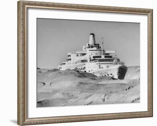 Ocean Liner "Oriana" Passing Through Desert Dunes Going Through Suez Canal-John Dominis-Framed Photographic Print