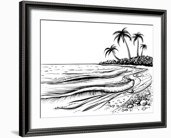 Ocean or Sea Beach with Waves, Sketch. Black and White Vector Illustration of Sea Shore with Palms.-Melok-Framed Art Print