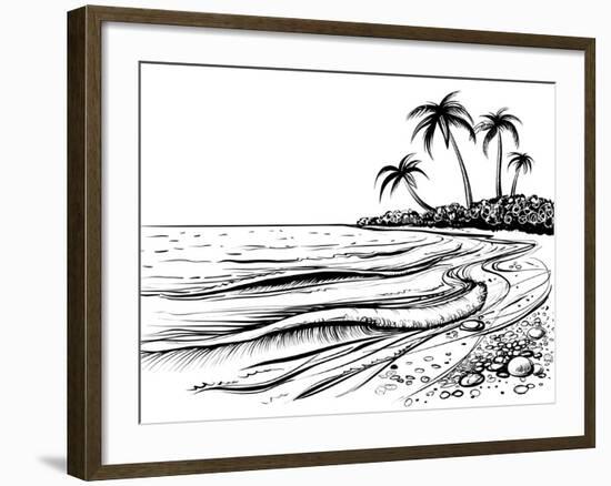 Ocean or Sea Beach with Waves, Sketch. Black and White Vector Illustration of Sea Shore with Palms.-Melok-Framed Art Print