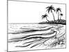 Ocean or Sea Beach with Waves, Sketch. Black and White Vector Illustration of Sea Shore with Palms.-Melok-Mounted Art Print