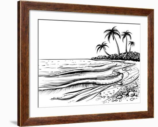 Ocean or Sea Beach with Waves, Sketch. Black and White Vector Illustration of Sea Shore with Palms.-Melok-Framed Art Print