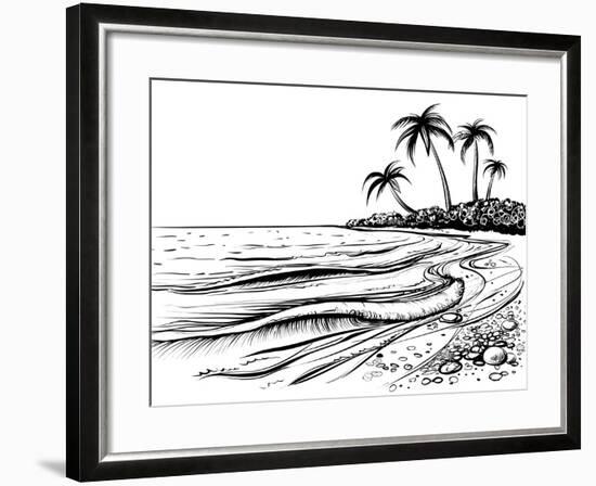 Ocean or Sea Beach with Waves, Sketch. Black and White Vector Illustration of Sea Shore with Palms.-Melok-Framed Art Print