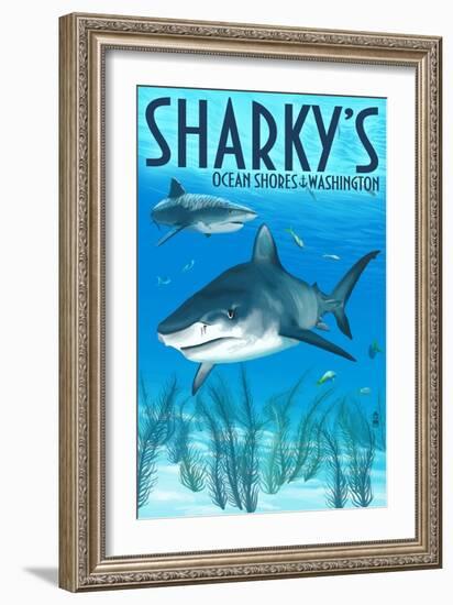 Ocean Shores, Washington - Sharks-Lantern Press-Framed Art Print