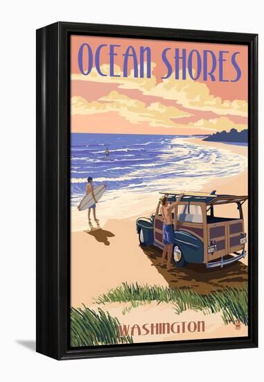 Ocean Shores, Washington - Woody on Beach-Lantern Press-Framed Stretched Canvas