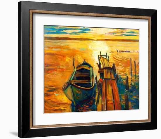 Ocean Sunset with Boat & Jetty-null-Framed Art Print