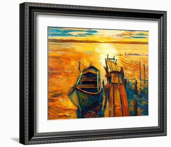 Ocean Sunset with Boat & Jetty-null-Framed Art Print