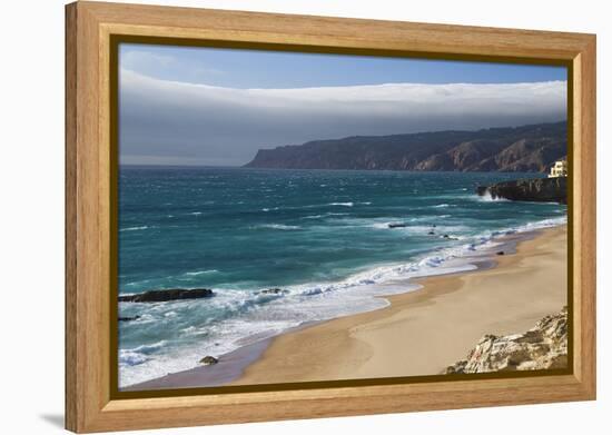 Ocean Waves Crashing on the Sandy Beach of Cascais, Surrounded by Cliffs, Estoril Coast-Roberto Moiola-Framed Premier Image Canvas