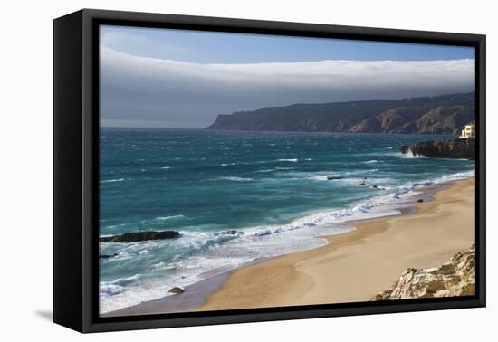 Ocean Waves Crashing on the Sandy Beach of Cascais, Surrounded by Cliffs, Estoril Coast-Roberto Moiola-Framed Premier Image Canvas