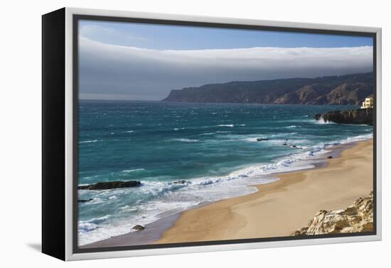 Ocean Waves Crashing on the Sandy Beach of Cascais, Surrounded by Cliffs, Estoril Coast-Roberto Moiola-Framed Premier Image Canvas