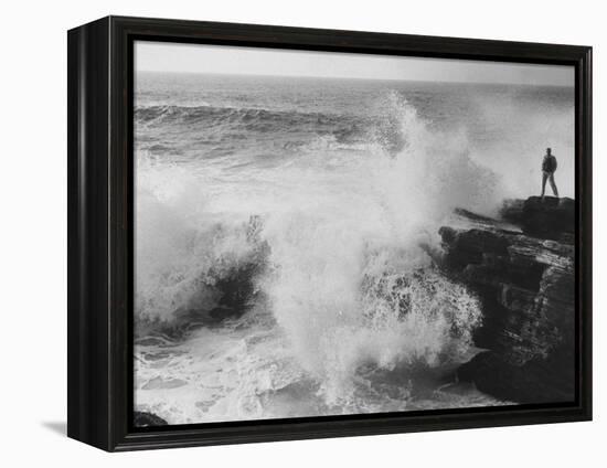 Oceanographer Willard Bascom Standing on a Rock while Observing the Crashing Surf-Bill Ray-Framed Premier Image Canvas