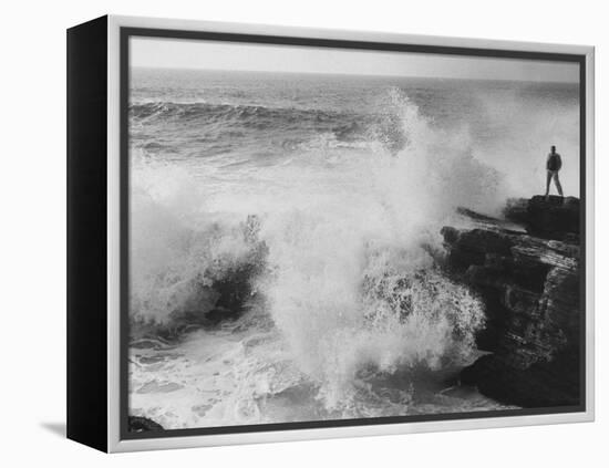 Oceanographer Willard Bascom Standing on a Rock while Observing the Crashing Surf-Bill Ray-Framed Premier Image Canvas