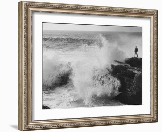 Oceanographer Willard Bascom Standing on a Rock while Observing the Crashing Surf-Bill Ray-Framed Photographic Print