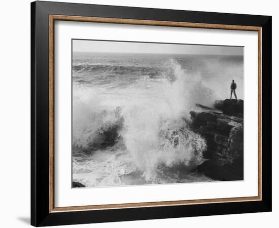 Oceanographer Willard Bascom Standing on a Rock while Observing the Crashing Surf-Bill Ray-Framed Photographic Print