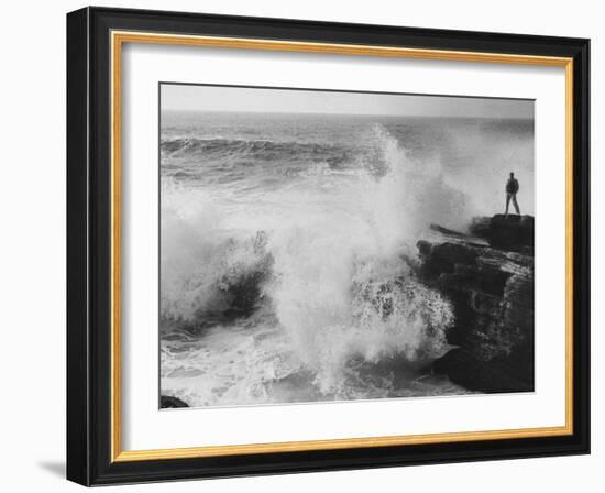 Oceanographer Willard Bascom Standing on a Rock while Observing the Crashing Surf-Bill Ray-Framed Photographic Print