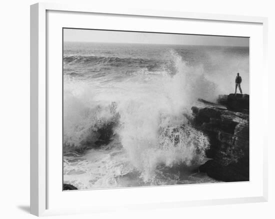 Oceanographer Willard Bascom Standing on a Rock while Observing the Crashing Surf-Bill Ray-Framed Photographic Print