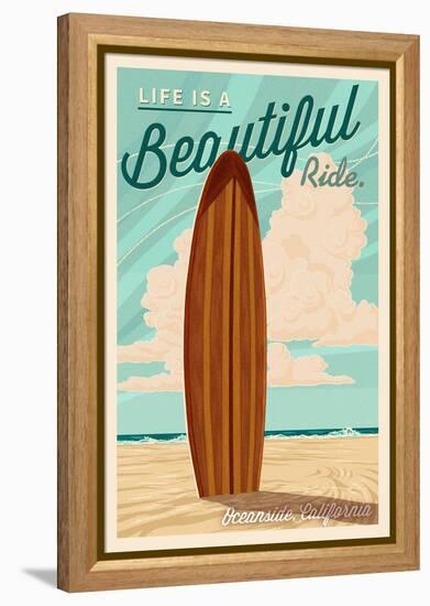 Oceanside, California - Life is a Beautiful Ride Surfboard Letterpress-Lantern Press-Framed Stretched Canvas