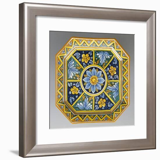 Octagonal Dish with Flowers on Blue Background-null-Framed Giclee Print