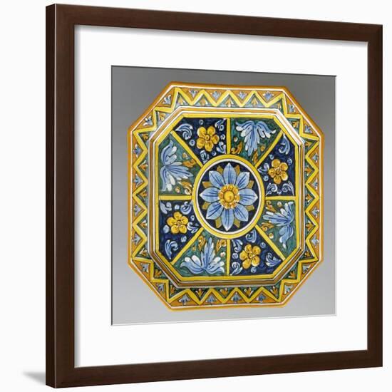Octagonal Dish with Flowers on Blue Background-null-Framed Giclee Print