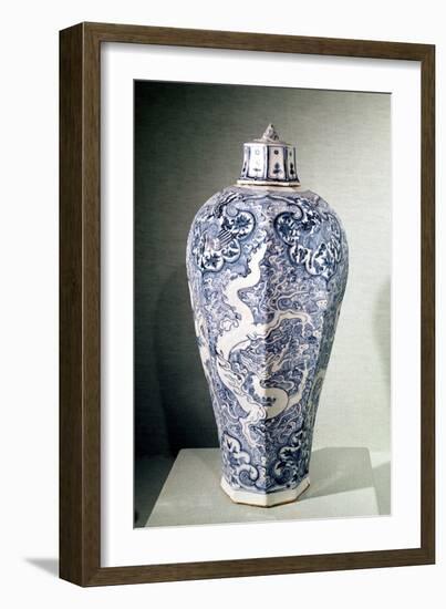 Octagonal "Mei- P"Ing" Vase with White and Blue Decoration, from Baoding, Hebei, Yuan Dynasty-null-Framed Giclee Print