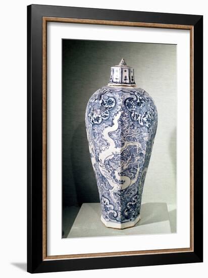 Octagonal "Mei- P"Ing" Vase with White and Blue Decoration, from Baoding, Hebei, Yuan Dynasty-null-Framed Giclee Print