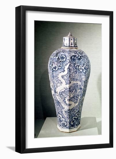 Octagonal "Mei- P"Ing" Vase with White and Blue Decoration, from Baoding, Hebei, Yuan Dynasty-null-Framed Giclee Print