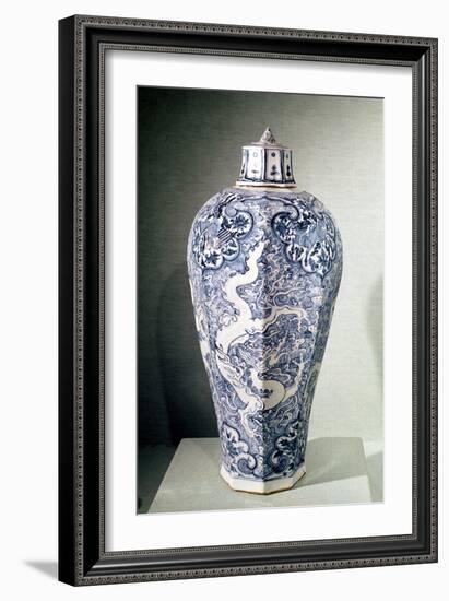Octagonal "Mei- P"Ing" Vase with White and Blue Decoration, from Baoding, Hebei, Yuan Dynasty-null-Framed Giclee Print