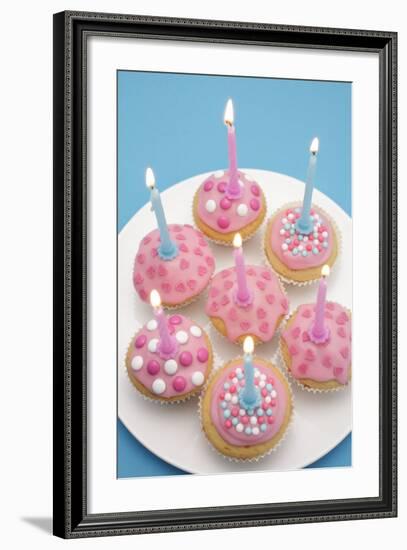 Of Muffin, Icing, Pink, Hearts, Chocolate Beans, Sugar Pearls, Candles, Burn, Detail, Blur-Nikky-Framed Photographic Print