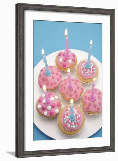 Of Muffin, Icing, Pink, Hearts, Chocolate Beans, Sugar Pearls, Candles, Burn, Detail, Blur-Nikky-Framed Photographic Print