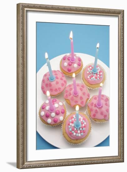 Of Muffin, Icing, Pink, Hearts, Chocolate Beans, Sugar Pearls, Candles, Burn, Detail, Blur-Nikky-Framed Photographic Print