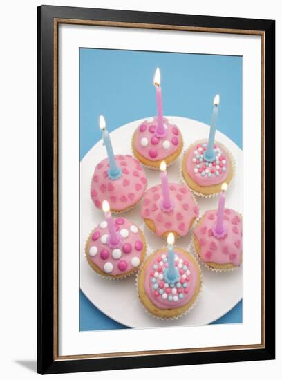 Of Muffin, Icing, Pink, Hearts, Chocolate Beans, Sugar Pearls, Candles, Burn, Detail, Blur-Nikky-Framed Photographic Print