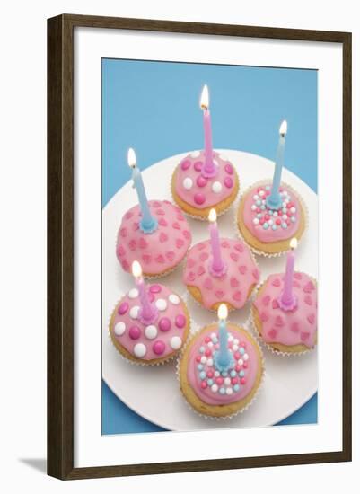 Of Muffin, Icing, Pink, Hearts, Chocolate Beans, Sugar Pearls, Candles, Burn, Detail, Blur-Nikky-Framed Photographic Print