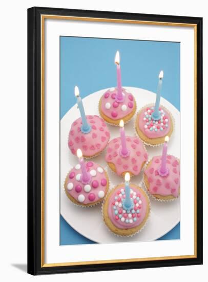 Of Muffin, Icing, Pink, Hearts, Chocolate Beans, Sugar Pearls, Candles, Burn, Detail, Blur-Nikky-Framed Photographic Print