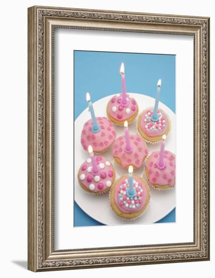 Of Muffin, Icing, Pink, Hearts, Chocolate Beans, Sugar Pearls, Candles, Burn, Detail, Blur-Nikky-Framed Photographic Print