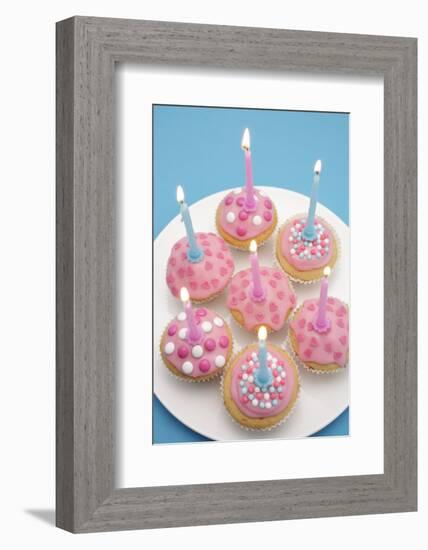 Of Muffin, Icing, Pink, Hearts, Chocolate Beans, Sugar Pearls, Candles, Burn, Detail, Blur-Nikky-Framed Photographic Print