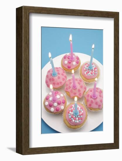 Of Muffin, Icing, Pink, Hearts, Chocolate Beans, Sugar Pearls, Candles, Burn, Detail, Blur-Nikky-Framed Photographic Print