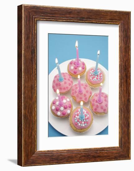 Of Muffin, Icing, Pink, Hearts, Chocolate Beans, Sugar Pearls, Candles, Burn, Detail, Blur-Nikky-Framed Photographic Print