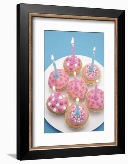 Of Muffin, Icing, Pink, Hearts, Chocolate Beans, Sugar Pearls, Candles, Burn, Detail, Blur-Nikky-Framed Photographic Print