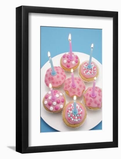 Of Muffin, Icing, Pink, Hearts, Chocolate Beans, Sugar Pearls, Candles, Burn, Detail, Blur-Nikky-Framed Photographic Print