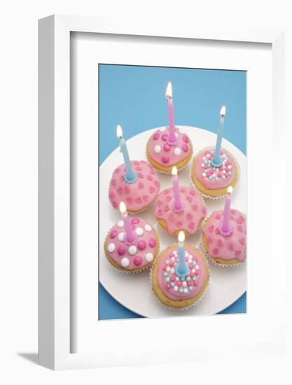 Of Muffin, Icing, Pink, Hearts, Chocolate Beans, Sugar Pearls, Candles, Burn, Detail, Blur-Nikky-Framed Photographic Print