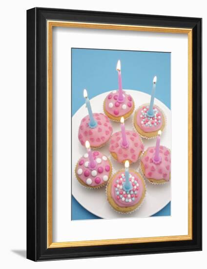 Of Muffin, Icing, Pink, Hearts, Chocolate Beans, Sugar Pearls, Candles, Burn, Detail, Blur-Nikky-Framed Photographic Print