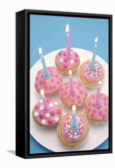 Of Muffin, Icing, Pink, Hearts, Chocolate Beans, Sugar Pearls, Candles, Burn, Detail, Blur-Nikky-Framed Premier Image Canvas