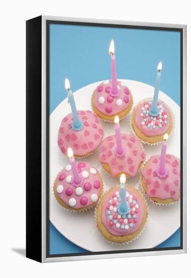 Of Muffin, Icing, Pink, Hearts, Chocolate Beans, Sugar Pearls, Candles, Burn, Detail, Blur-Nikky-Framed Premier Image Canvas