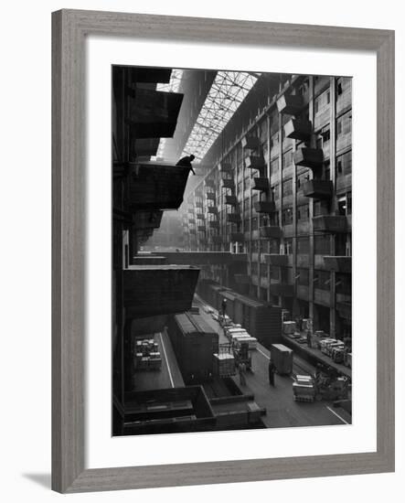 Off-Loaded Freight From Box Cars Being Hoisted Up to Jutting Loading Platforms, Brooklyn Army Base-Andreas Feininger-Framed Premium Photographic Print