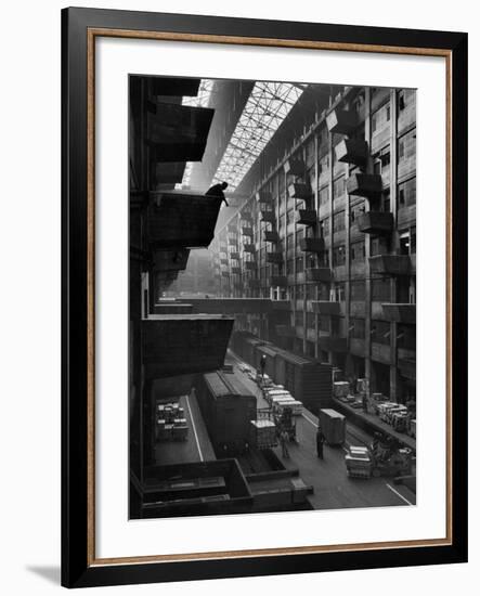 Off-Loaded Freight From Box Cars Being Hoisted Up to Jutting Loading Platforms, Brooklyn Army Base-Andreas Feininger-Framed Premium Photographic Print