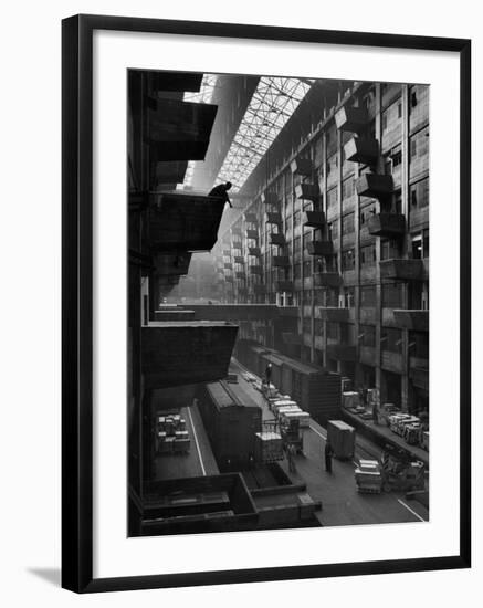 Off-Loaded Freight From Box Cars Being Hoisted Up to Jutting Loading Platforms, Brooklyn Army Base-Andreas Feininger-Framed Premium Photographic Print